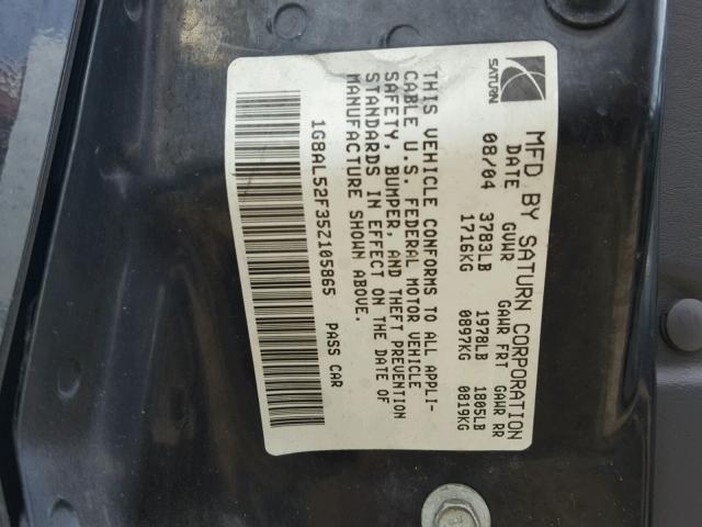 1G8AL52F35Z105865 - 2005 SATURN ION LEVEL შავი ფოტო 10