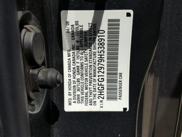 2HGFG12979H538910 - 2009 HONDA CIVIC EXL GRAY photo 10