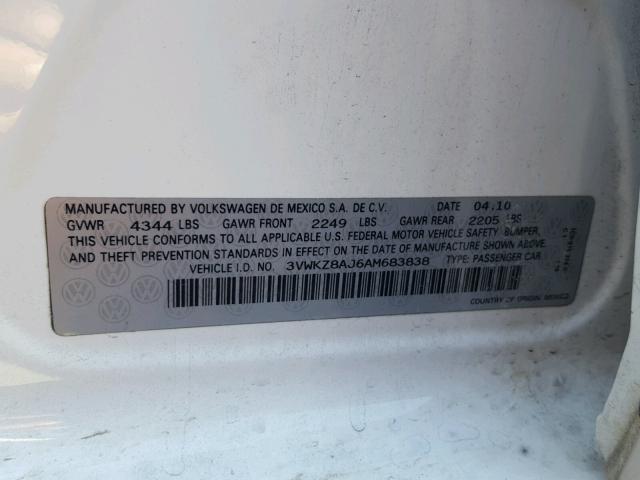 3VWKZ8AJ6AM683838 - 2010 VOLKSWAGEN JETTA S 白色 照片 10