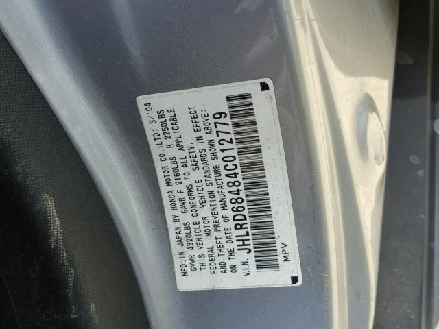 JHLRD68484C012779 - 2004 HONDA CR-V LX SILVER photo 10