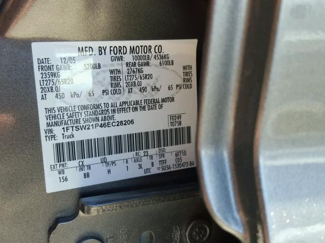 1FTSW21P46EC28206 - 2006 FORD F250 SUPER GRAY photo 10