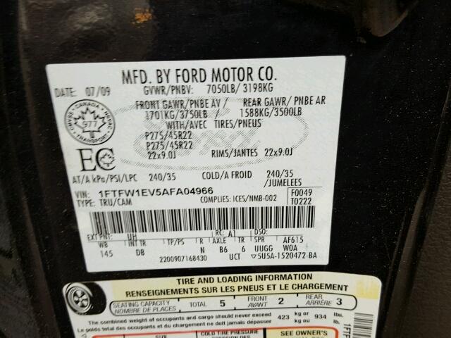 1FTFW1EV5AFA04966 - 2010 FORD F150 BLACK photo 10