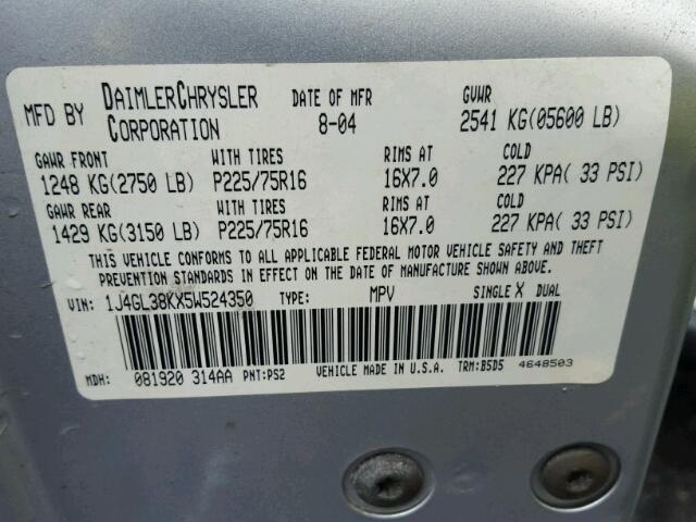 1J4GL38KX5W524350 - 2005 JEEP LIBERTY RE SILVER photo 10