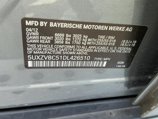 5UXZV8C51DL426510 - 2013 BMW X5 XDRIVE5 GRAY photo 10