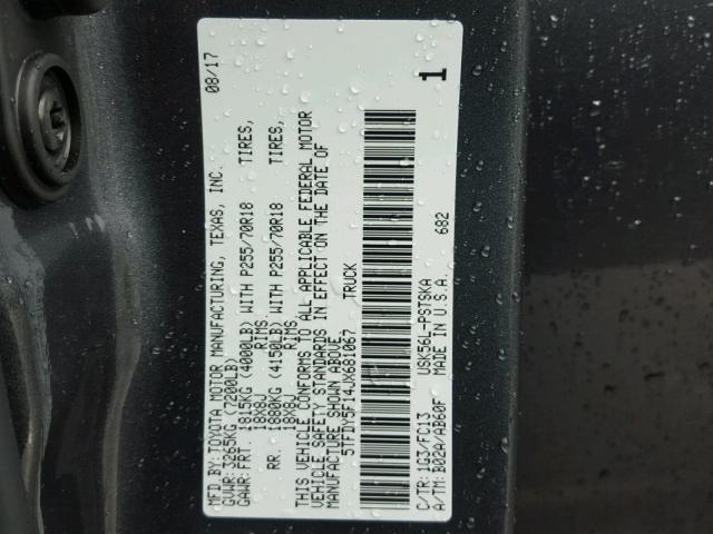 5TFDY5F14JX681067 - 2018 TOYOTA TUNDRA CRE GRAY photo 10