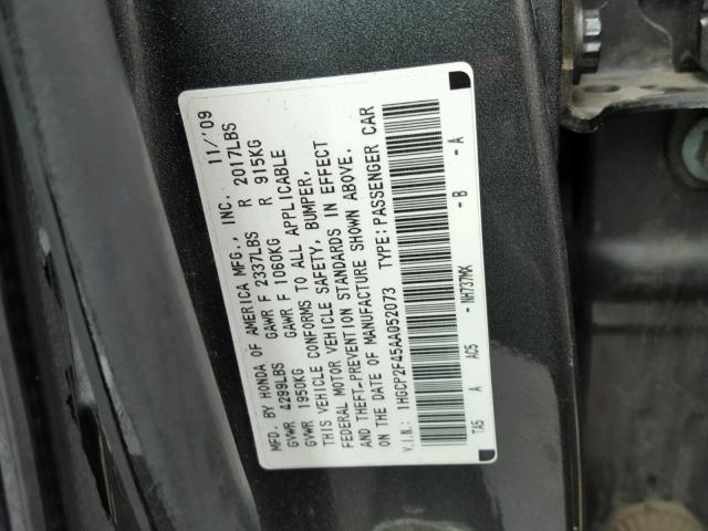 1HGCP2F45AA052073 - 2010 HONDA ACCORD LXP GRAY photo 10