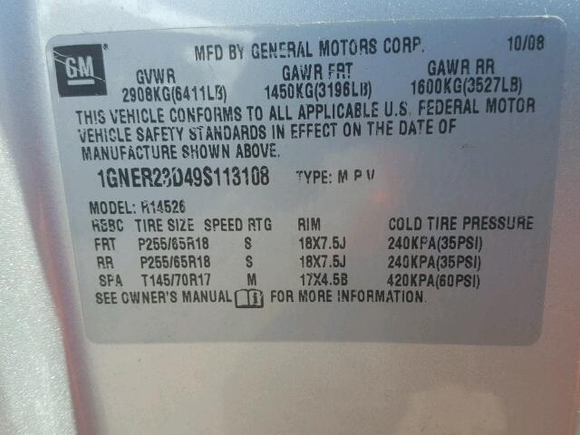 1GNER23D49S113108 - 2009 CHEVROLET TRAVERSE L SILVER photo 10