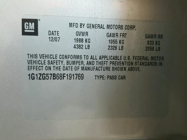 1G1ZG57B68F191769 - 2008 CHEVROLET MALIBU LS SILVER photo 10