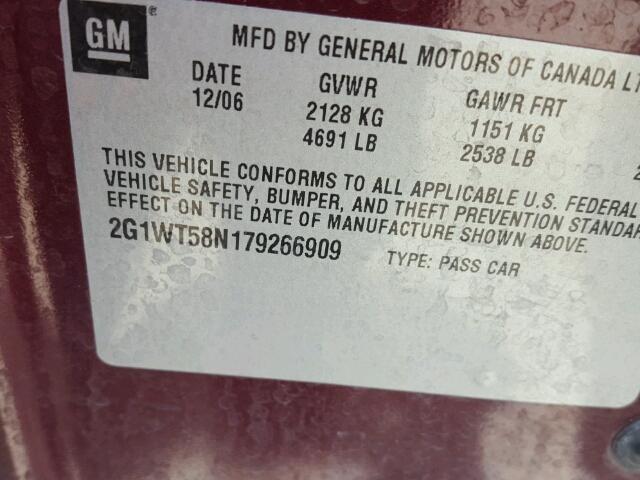 2G1WT58N179266909 - 2007 CHEVROLET IMPALA LT BURGUNDY photo 10