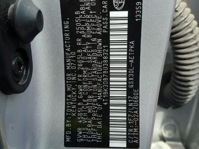 4T1BK3DB7BU388321 - 2011 TOYOTA AVALON BAS SILVER photo 10