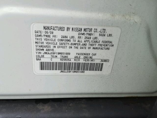 JNKAJ09F19M951689 - 2009 INFINITI EX35 BASE WHITE photo 10