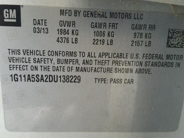 1G11A5SA2DU138229 - 2013 CHEVROLET MALIBU LS 灰色 照片 10