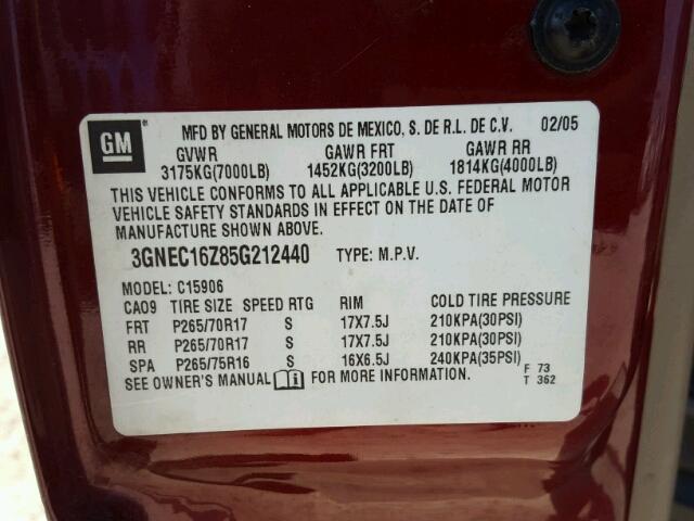 3GNEC16Z85G212440 - 2005 CHEVROLET SUBURBAN C RED photo 10