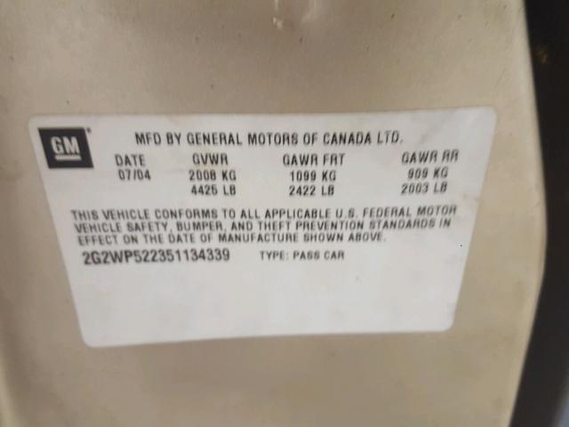 2G2WP522351134339 - 2005 PONTIAC GRAND PRIX BEIGE photo 10