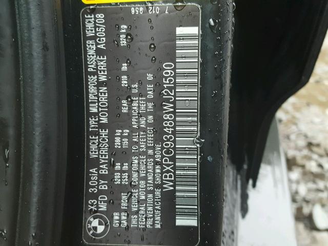 WBXPC93488WJ21590 - 2008 BMW X3 3.0SI BLACK photo 10