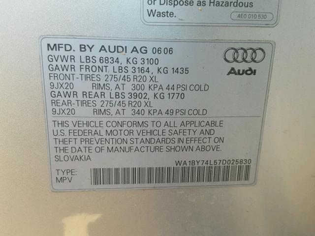 WA1BY74L57D025830 - 2007 AUDI Q7 3.6 QUA SILVER photo 10