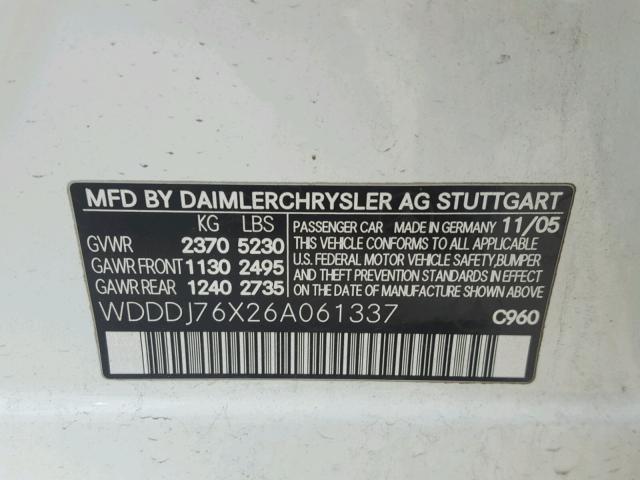 WDDDJ76X26A061337 - 2006 MERCEDES-BENZ CLS 55 AMG WHITE photo 10