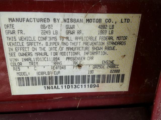 1N4AL11D13C111894 - 2003 NISSAN ALTIMA BAS MAROON photo 10