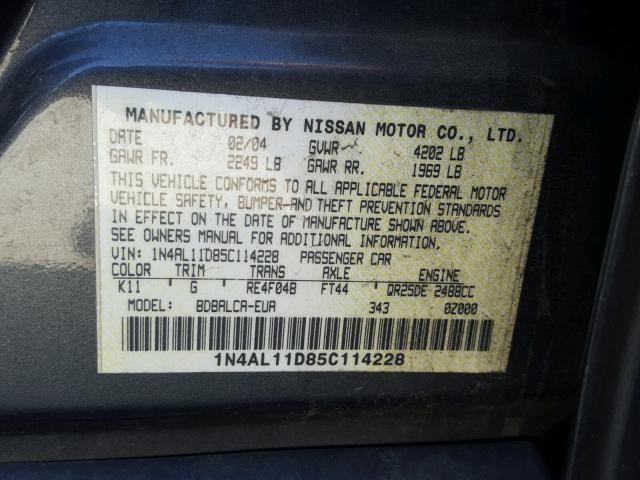 1N4AL11D85C114228 - 2005 NISSAN ALTIMA S GRAY photo 10