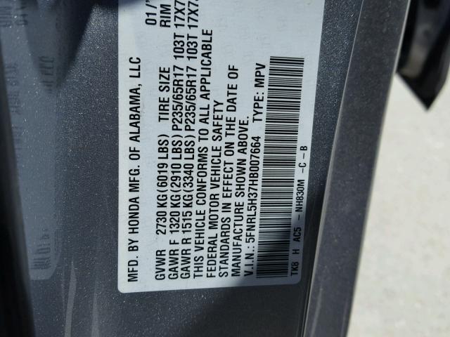 5FNRL5H37HB007664 - 2017 HONDA ODYSSEY SE GRAY photo 10