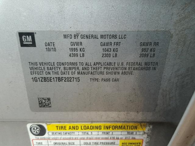 1G1ZB5E17BF202715 - 2011 CHEVROLET MALIBU LS 银色 照片 10