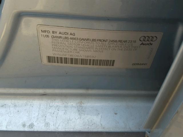 WAUAF78E06A158592 - 2006 AUDI A4 2 BLUE photo 10