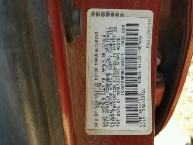 1NXAE09B3RZ162815 - 1994 TOYOTA COROLLA LE RED photo 10