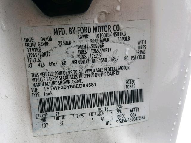 1FTWF30Y66ED64581 - 2006 FORD F350 SRW S WHITE photo 10