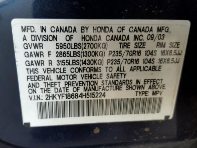 2HKYF18684H515224 - 2004 HONDA PILOT EXL BLUE photo 10