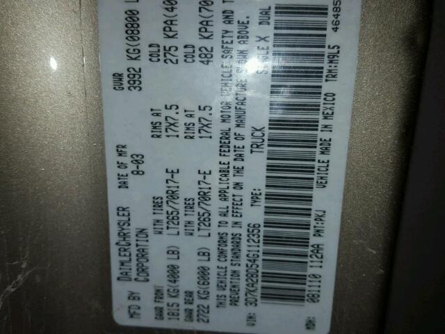 3D7KA28D54G112356 - 2004 DODGE RAM 2500 S TAN photo 10