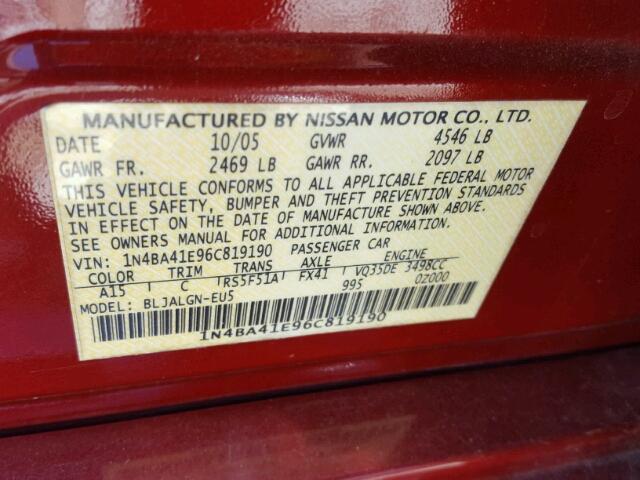 1N4BA41E96C819190 - 2006 NISSAN MAXIMA SE MAROON photo 10