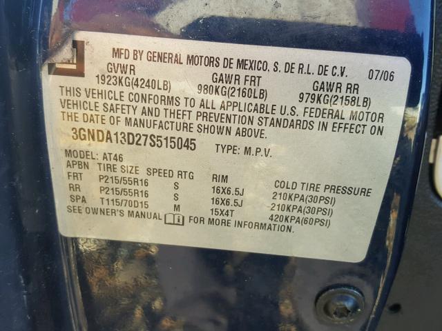 3GNDA13D27S515045 - 2007 CHEVROLET HHR LS BLUE photo 10