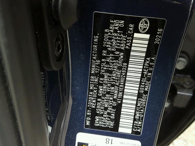 4T1BK1EB4HU249338 - 2017 TOYOTA AVALON XLE BLUE photo 10