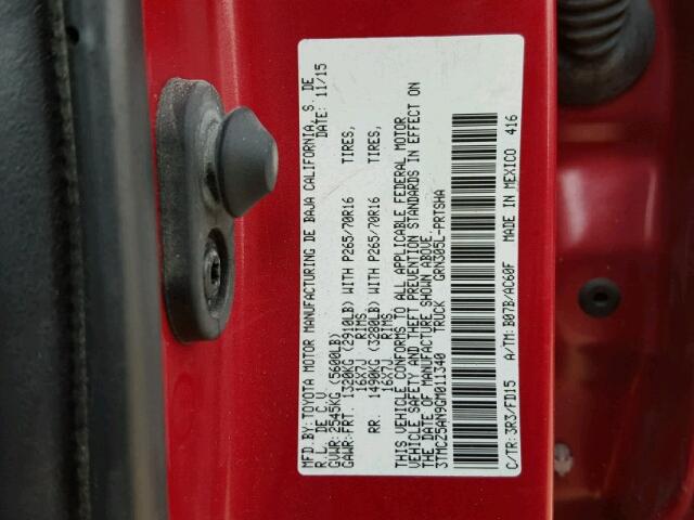 3TMCZ5AN9GM011340 - 2016 TOYOTA TACOMA DOU RED photo 10