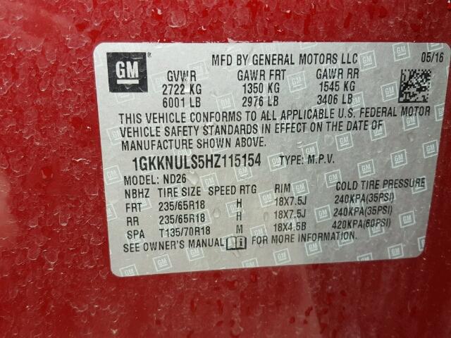 1GKKNULS5HZ115154 - 2017 GMC ACADIA SLT წითელი ფოტო 10