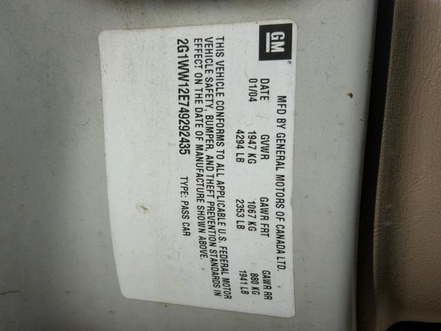 2G1WW12E749292435 - 2004 CHEVROLET MONTE CARL 奶油色 照片 10