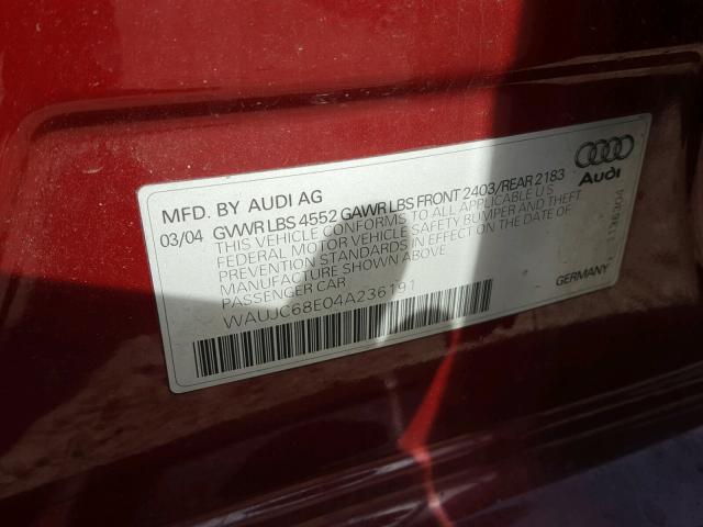 WAUJC68E04A236191 - 2004 AUDI A4 1.8T MAROON photo 10