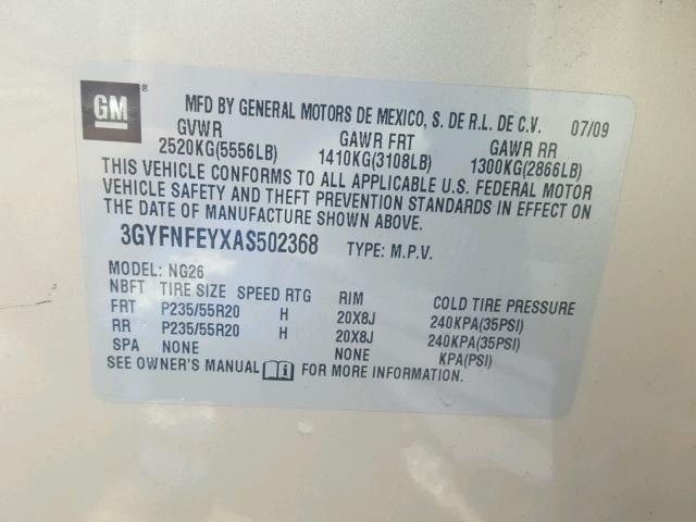 3GYFNFEYXAS502368 - 2010 CADILLAC SRX PREMIU BEIGE photo 10