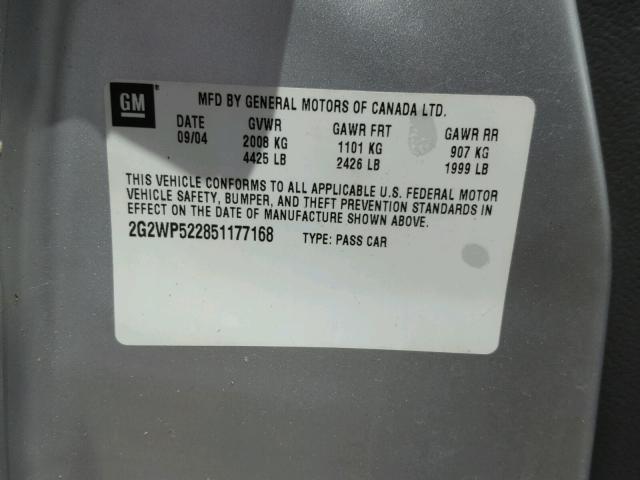 2G2WP522851177168 - 2005 PONTIAC GRAND PRIX SILVER photo 10