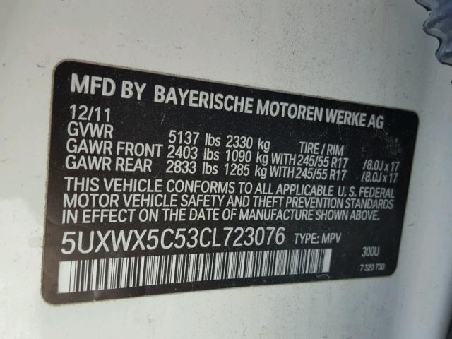 5UXWX5C53CL723076 - 2012 BMW X3 XDRIVE2 WHITE photo 10