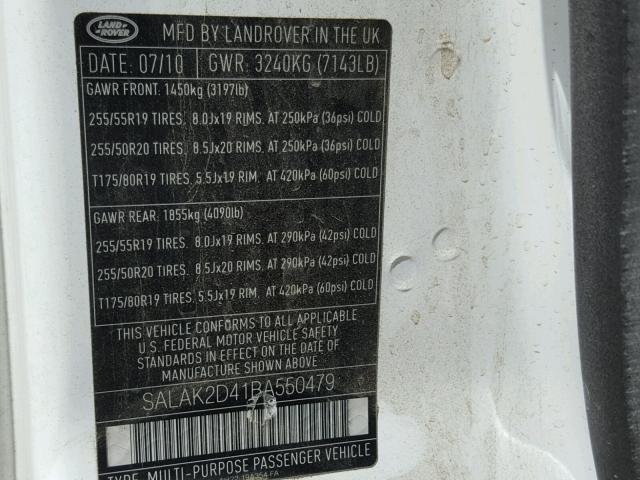SALAK2D41BA550479 - 2011 LAND ROVER LR4 HSE LU WHITE photo 10