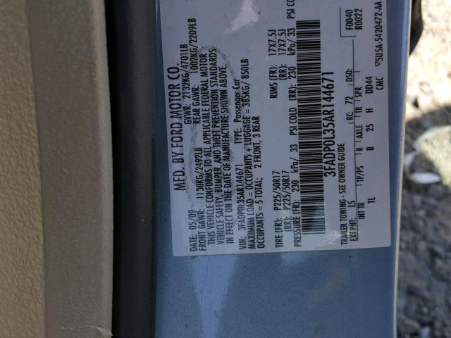 3FADP0L35AR144671 - 2010 FORD FUSION HYB BLUE photo 10