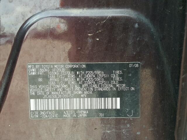 JTLKE50E281055157 - 2008 TOYOTA SCION XB Bordo foto 10