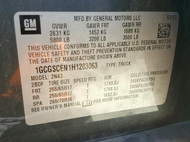 1GCGSCEN1H1203063 - 2017 CHEVROLET COLORADO L GRAY photo 10