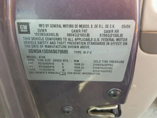 3GNDA13D36S670685 - 2006 CHEVROLET HHR LS PURPLE photo 10