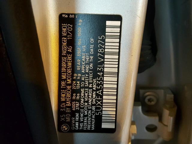 5UXFA53543LV78275 - 2003 BMW X5 3.0I SILVER photo 10