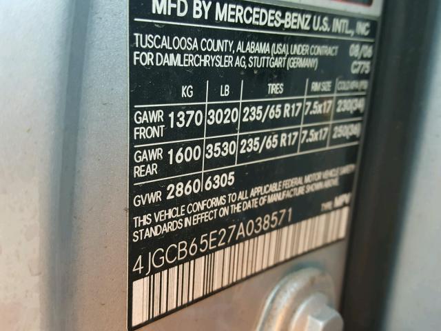 4JGCB65E27A038571 - 2007 MERCEDES-BENZ R 350 SILVER photo 10