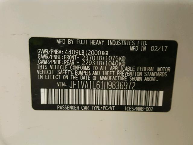 JF1VA1L61H9836972 - 2017 SUBARU WRX LIMITE WHITE photo 10