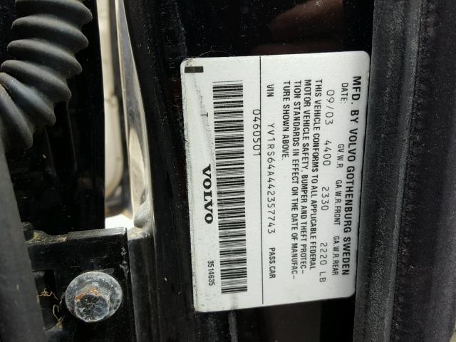 YV1RS64A442357743 - 2004 VOLVO S60 BLACK photo 10