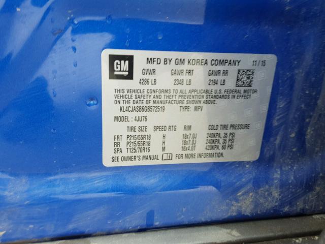 KL4CJASB6GB572519 - 2016 BUICK ENCORE BLUE photo 10